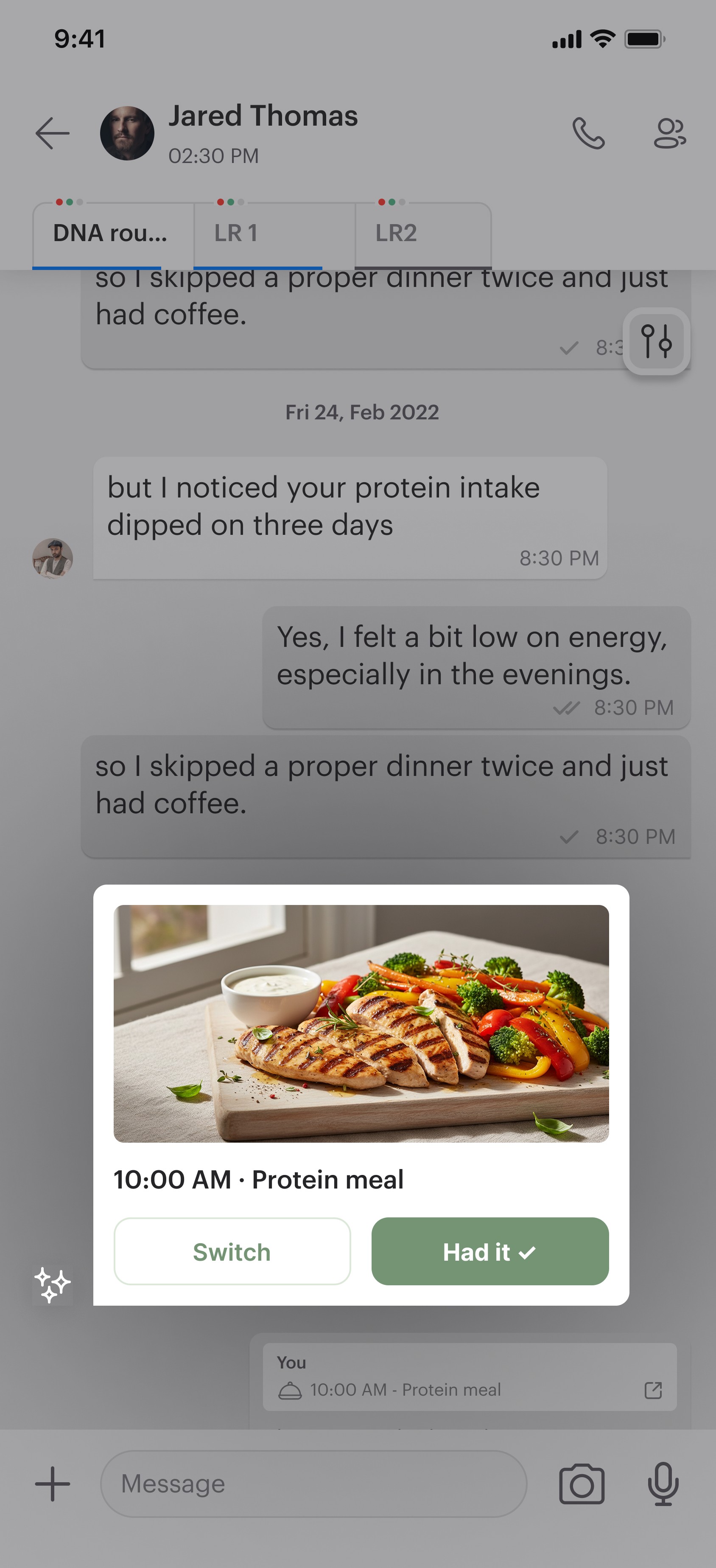 Treatment room chat with a meal reminder card the patient can act on